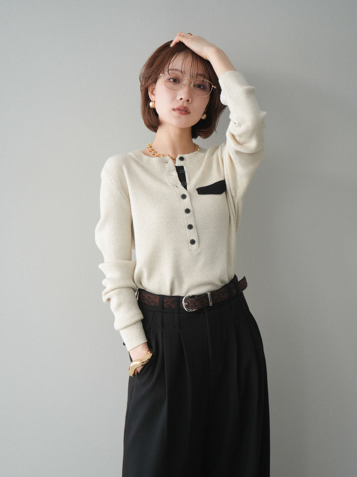 [SET]バイカラーデザインポケット配色ヘンリーネックニットソー+アニマル柄ベルト付きウールタッチワイドパンツ(2set)