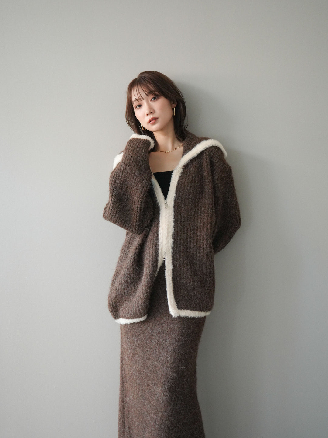 [SET]襟付き配色シャギーニット＆ロングスカートSET UP(2set)