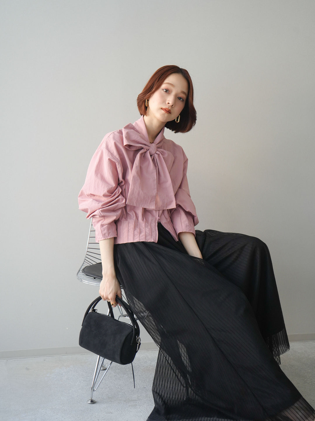 [SET]ボウタイ裾プリーツライトジャケット+ストライプチュールボリュームバギーパンツ(2set)