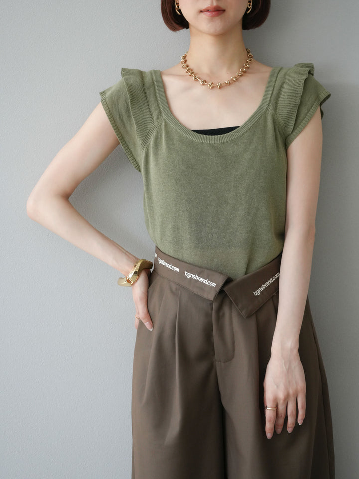 [予約]リネンタッチフリルニットタンクトップ/カーキ