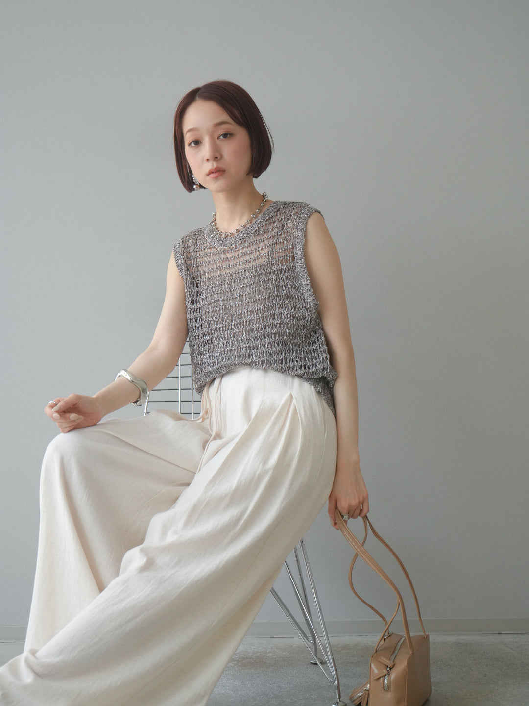 [預購] 混紗鏤空針織背心/棕色