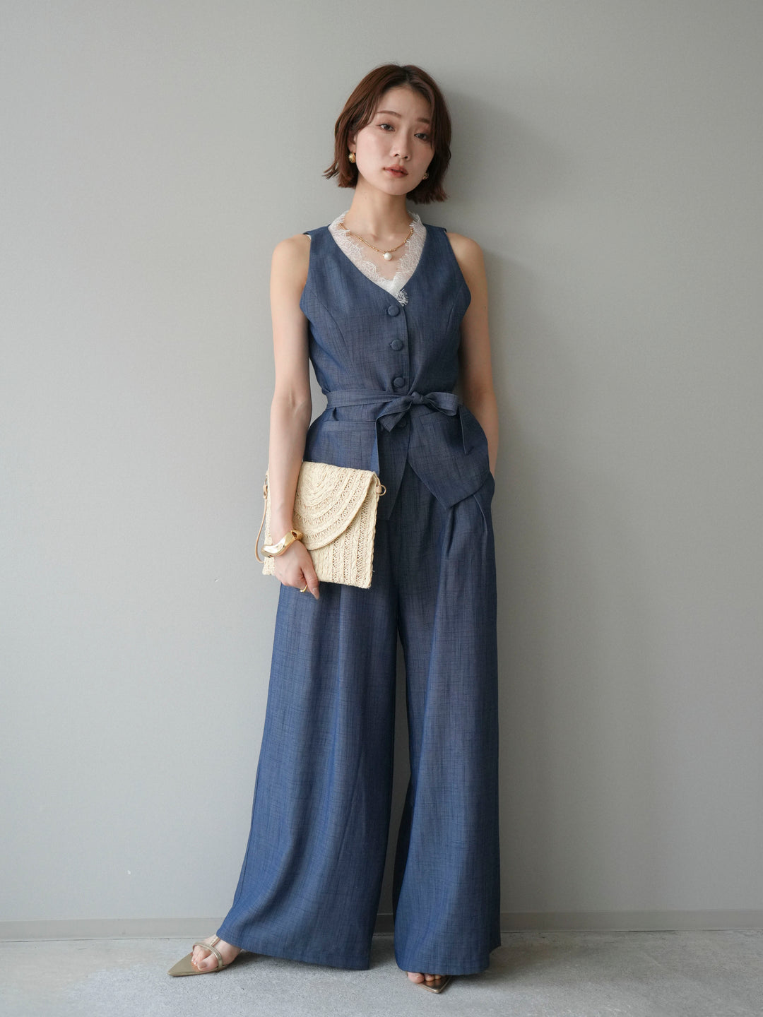 【套裝】蕾絲邊背心和垂褶褲套裝（2 套）