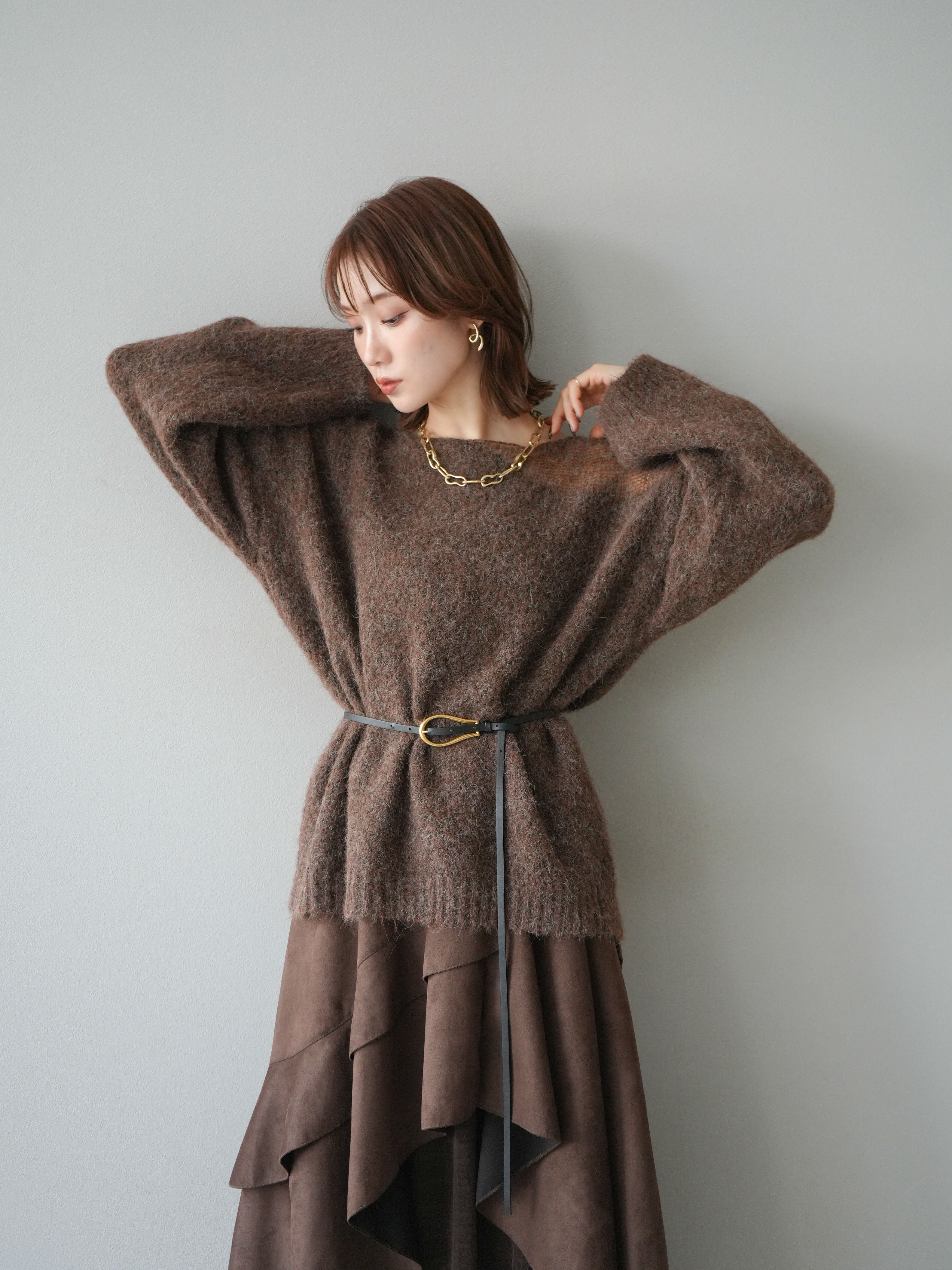 予約]ネック透かし編みニットプルオーバー/ダークブラウン – Lumier