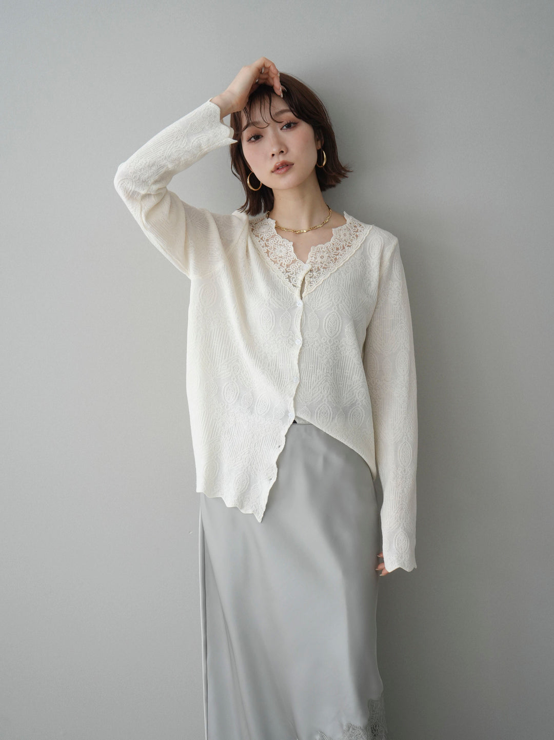 [SET]レースネックジャガードニットカーディガン+選べるアクセセット(2set)