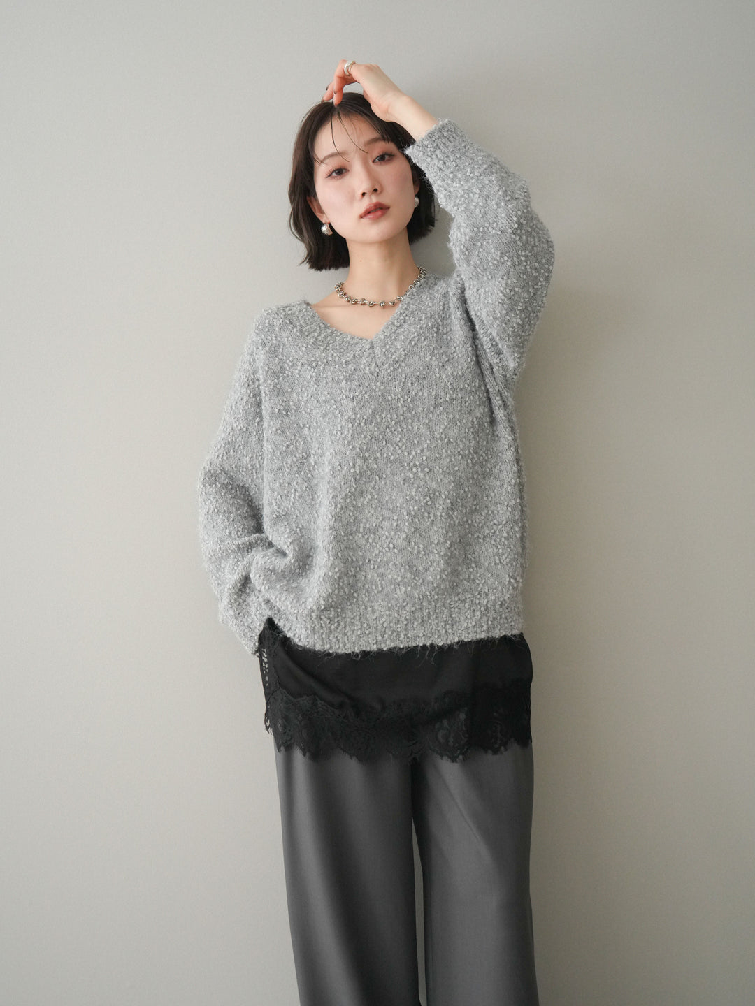 [SET]Vネックスラブニットプルオーバー+選べるアクセセット(2set)