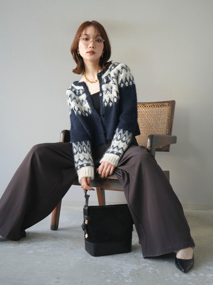 【着回しセット】[SET]求心柄クロップドニットカーディガン+ミックスヤーンペイズリー柄ニットカーディガン+ベルトループデザインワイドパンツ(3set)