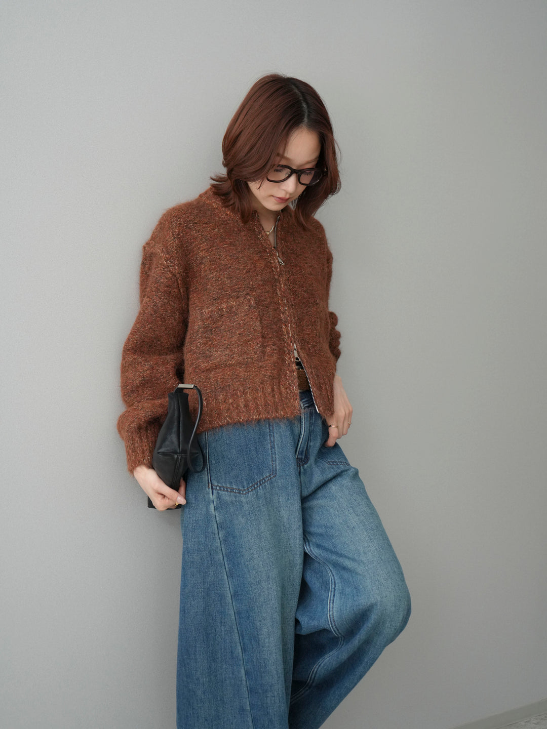 [SET]ミックスヤーンダブルZIPニットカーディガン+ベルト付裏起毛カーブデニムパンツ(2set)