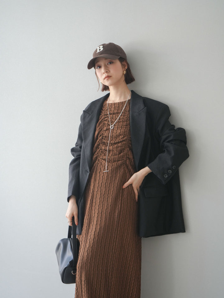 [SET]シャーリングジャガードノースリーブワンピース+エフォートレステイラードジャケット(2set)