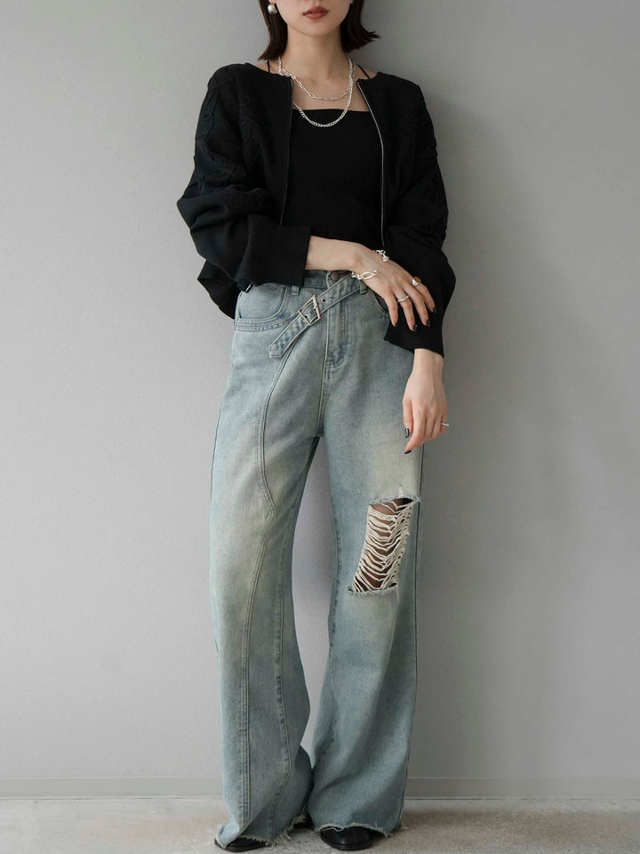 [SET]コード刺繍コットンニットジップカーディガン+ダブルストラップカットリブブラキャミソール+ベルトアシンメトリーダメージデニム(3set)