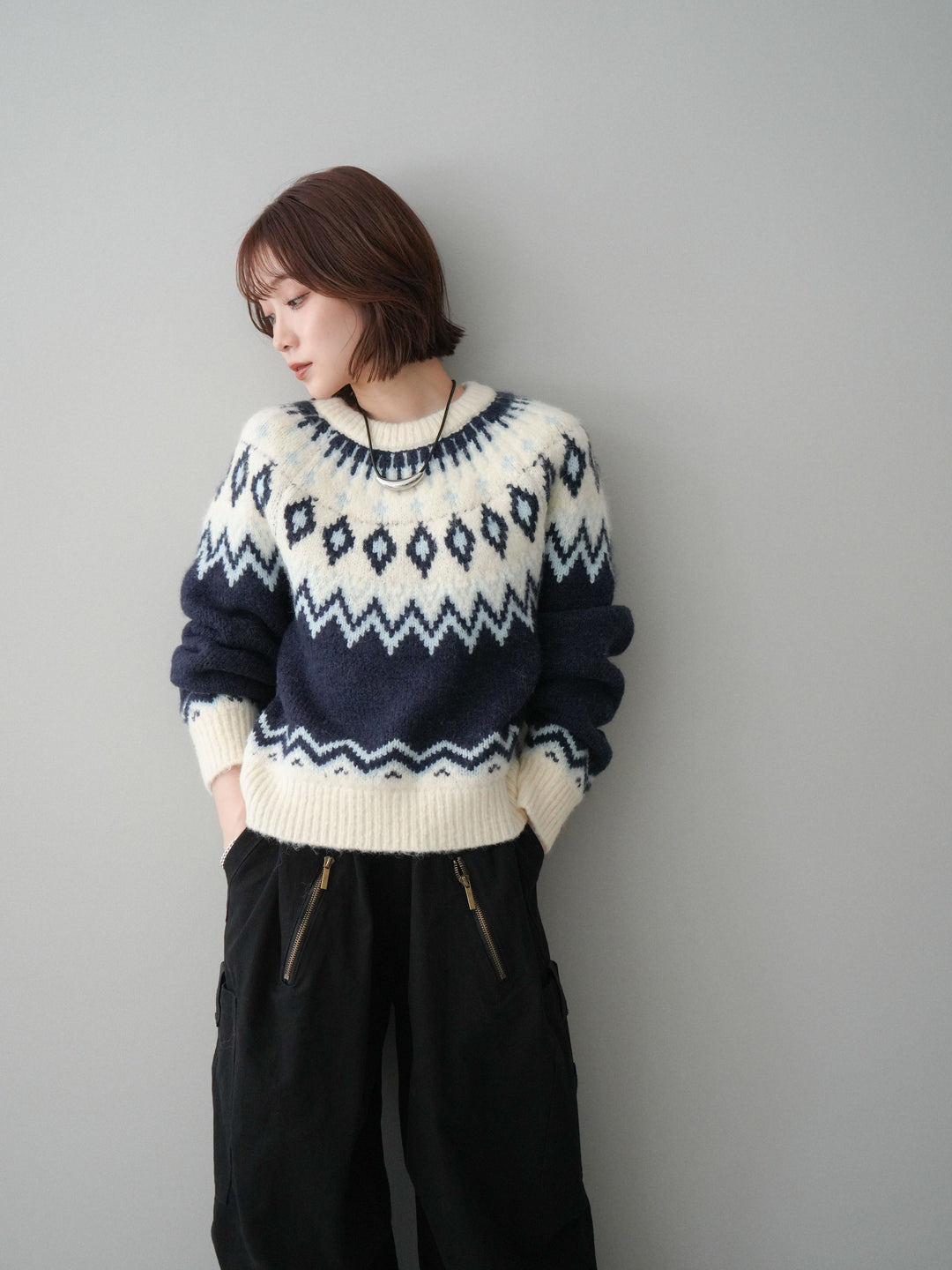 [予約]ノルディック柄ニットプルオーバー/navy