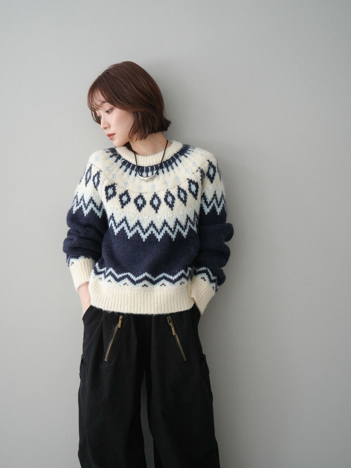 [予約]ノルディック柄ニットプルオーバー/navy