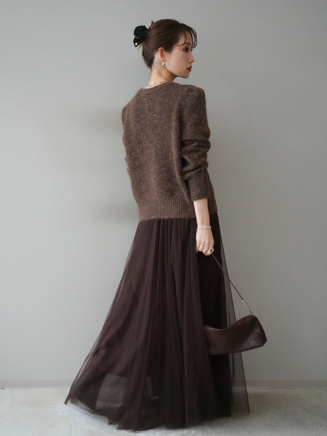 [SET]ブローチ付silverボタンミックスニットカーディガン+チュールボリュームスカート(2set)