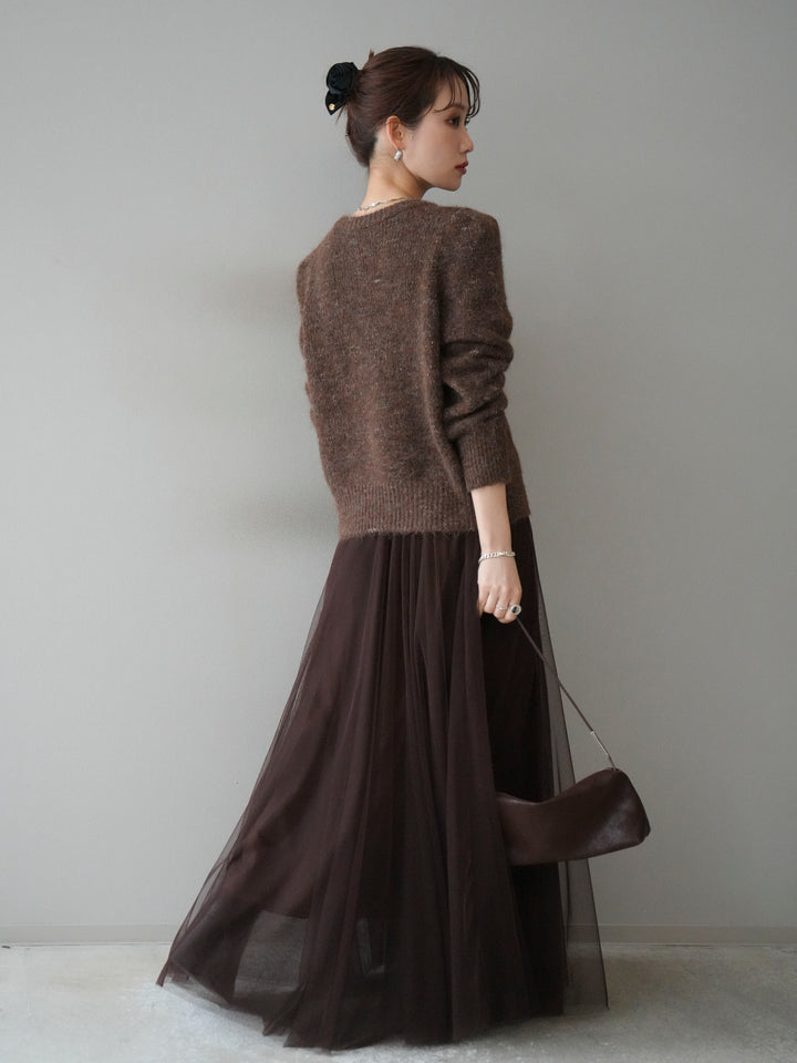 [SET]ブローチ付silverボタンミックスニットカーディガン+チュールボリュームスカート(2set)