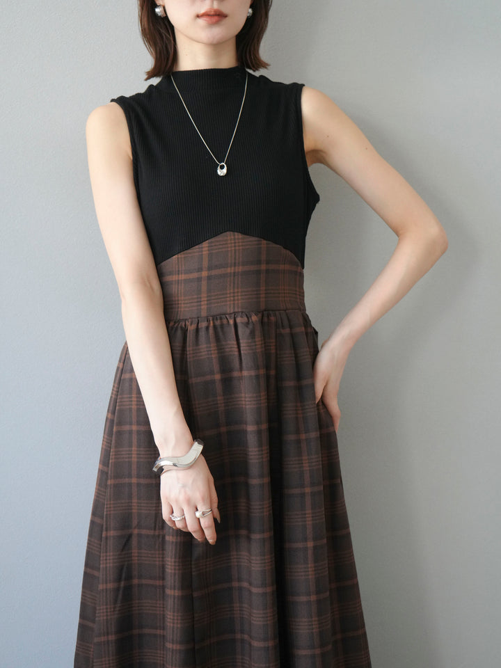 [予約]テレコ×チェックドッキングノースリワンピース/ブラック×ブラウン