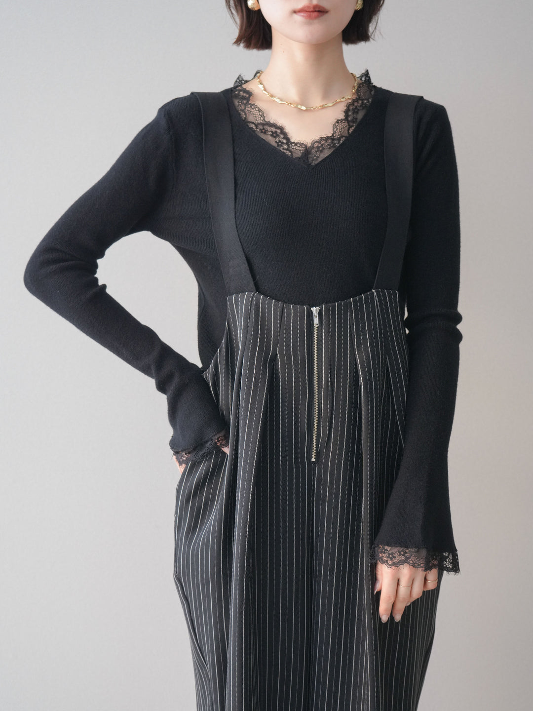 [SET]レースドッキングVネックニットトップス+選べるアクセセット(2set)