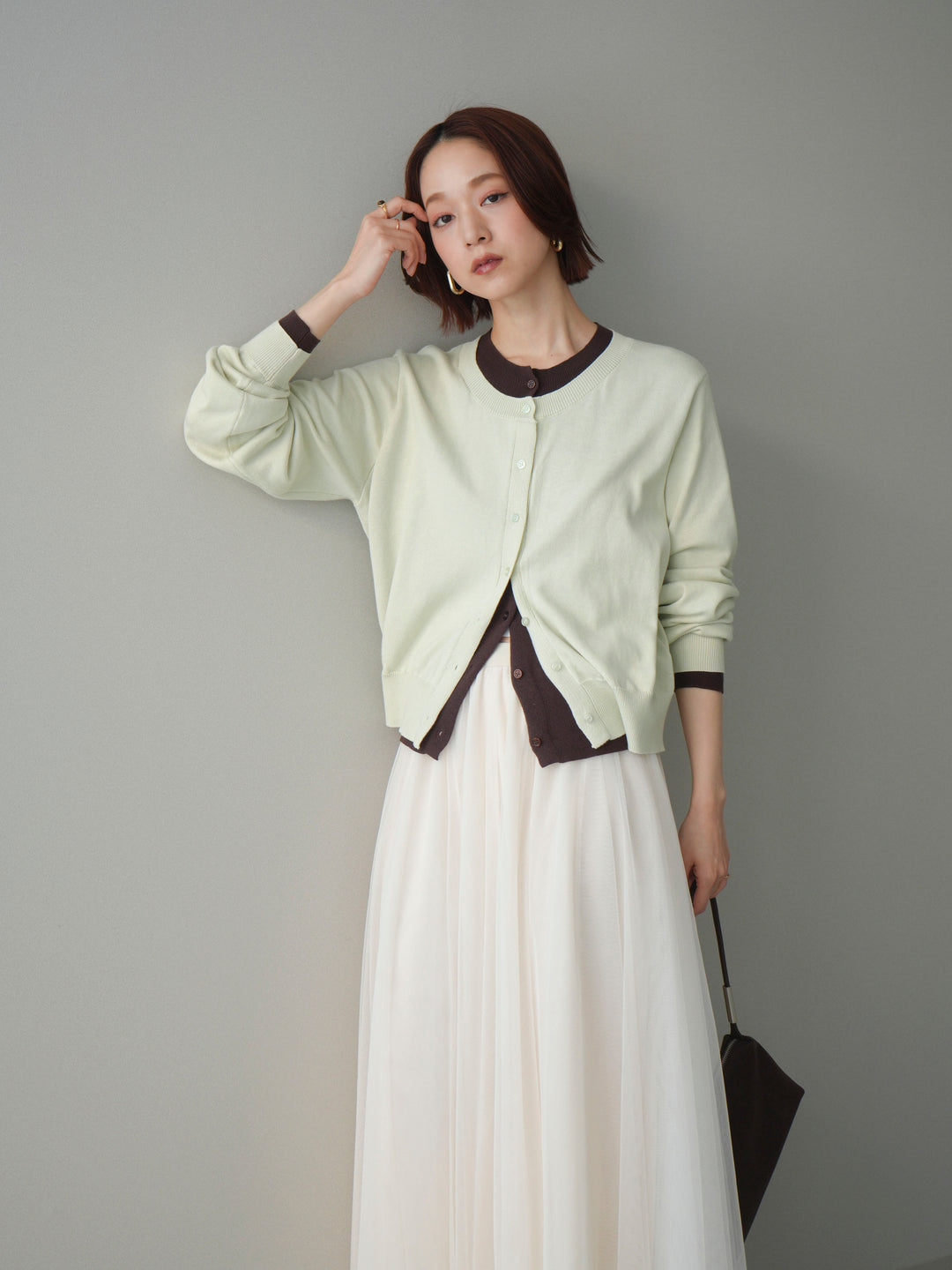 [予約]配色レイヤードコットンアクリルニットカーディガン/mint