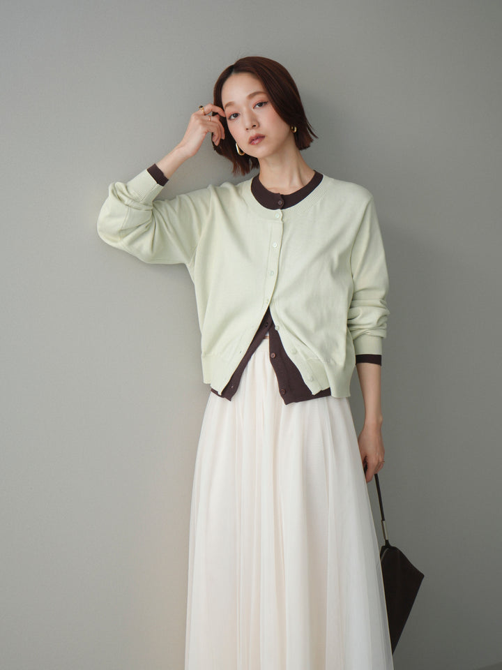 [予約]配色レイヤードコットンアクリルニットカーディガン/mint