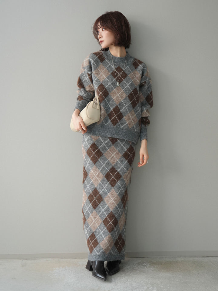 [SET]アーガイルニットプルオーバー&ロングスカートSET UP(2set)