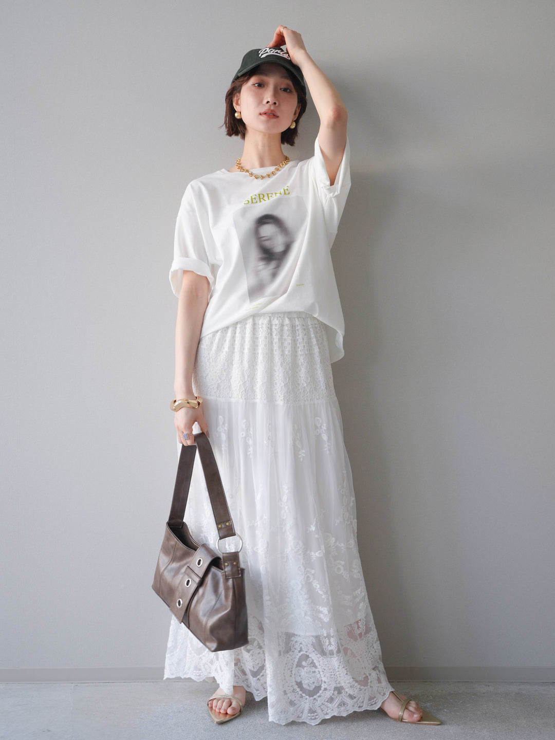 [SET]ブラーアートフォトTシャツ+シアーレースマキシスカート(2set)