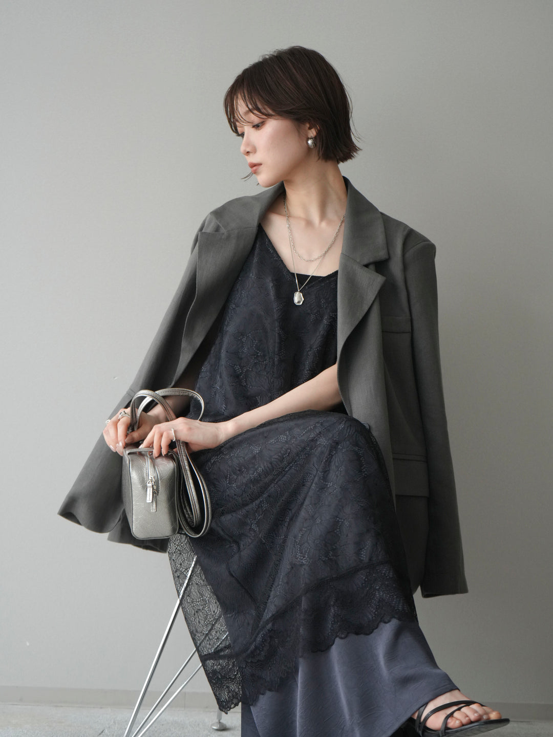 [SET]サテンレースレイヤードキャミワンピース+リネンタッチオーバージャケット(2set)