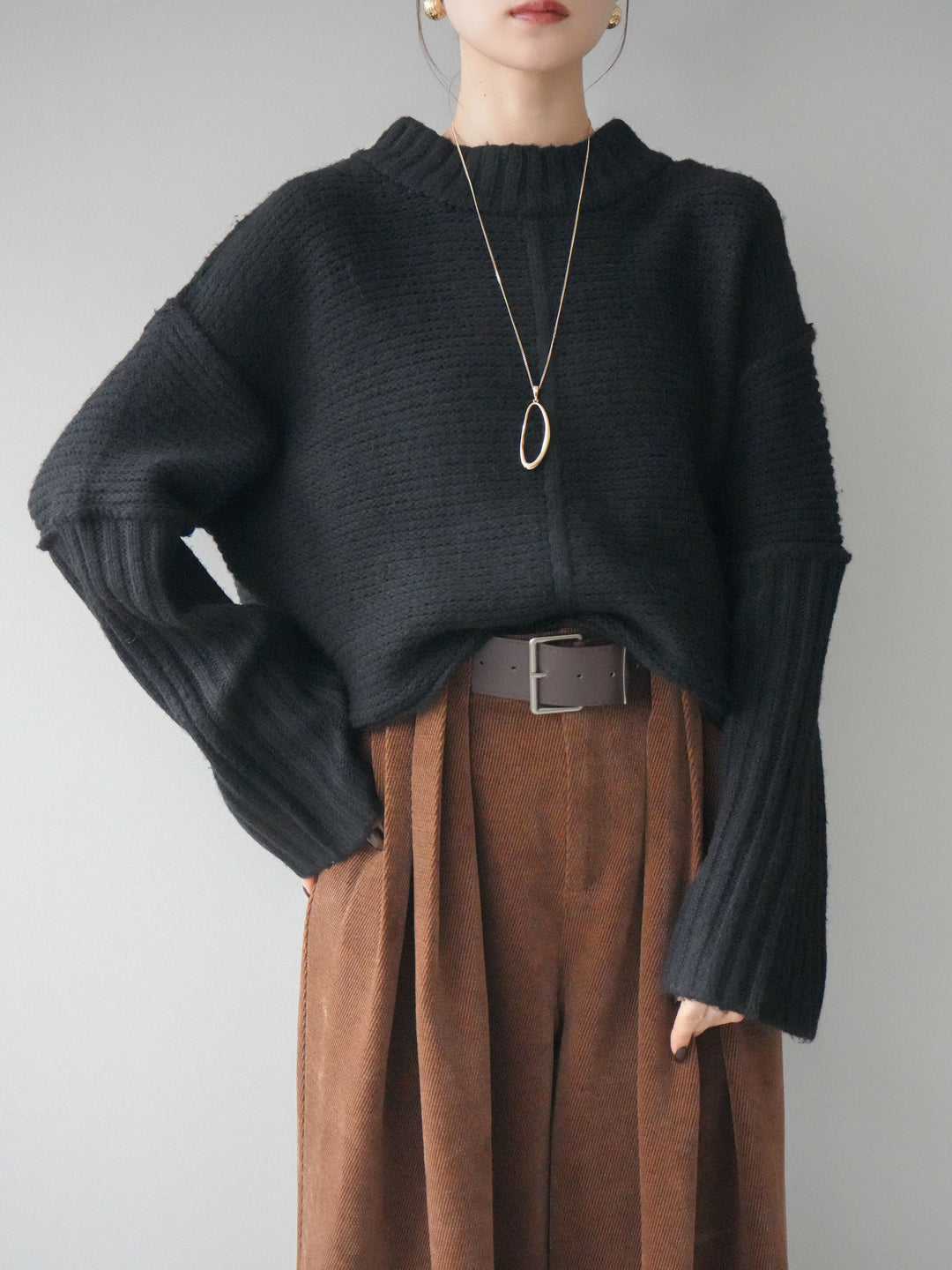 [SET]編み地切替ボトルネックニットプルオーバー+ベルトデザインループコールテンワイドパンツ(ベルト付き)(2set)