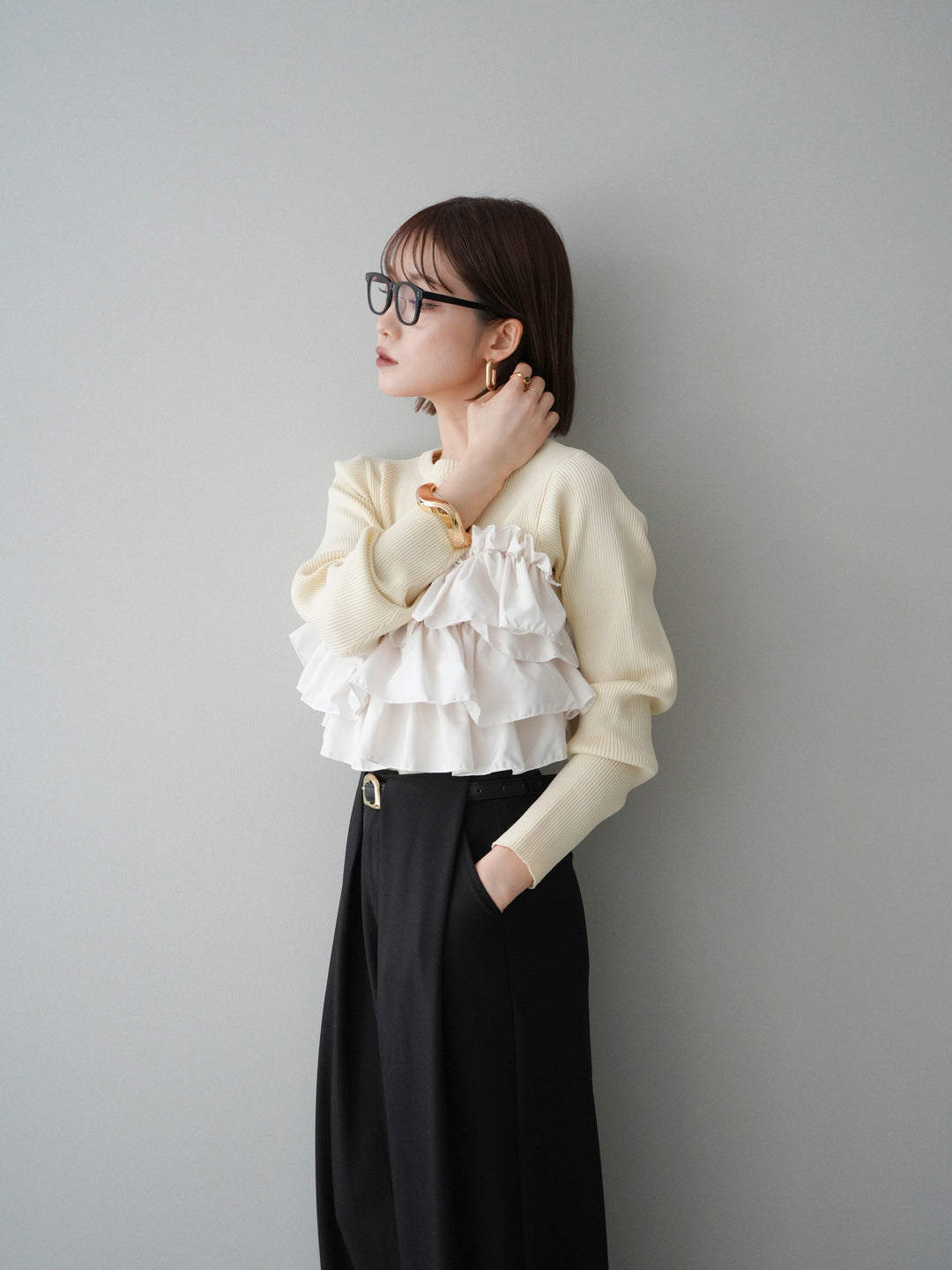 [SET]フリルビスチェドッキングスポンジニットプルオーバー+フリルビスチェドッキングスポンジニットプルオーバー(2set)