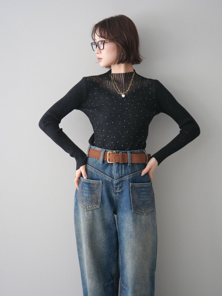 [SET]シアー切替スパンコールリブニットトップス+ベルト付ポケット刺繍カーブデニムパンツ(2set)