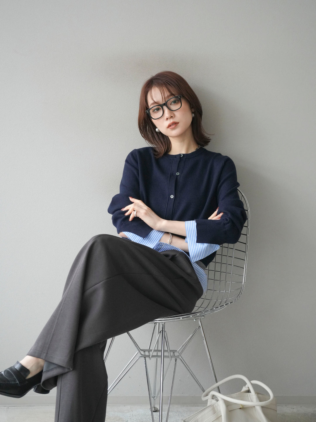 [SET]シャツ襟レイヤードニットカーディガン+ベルト付スウェットワイドパンツ(2set)