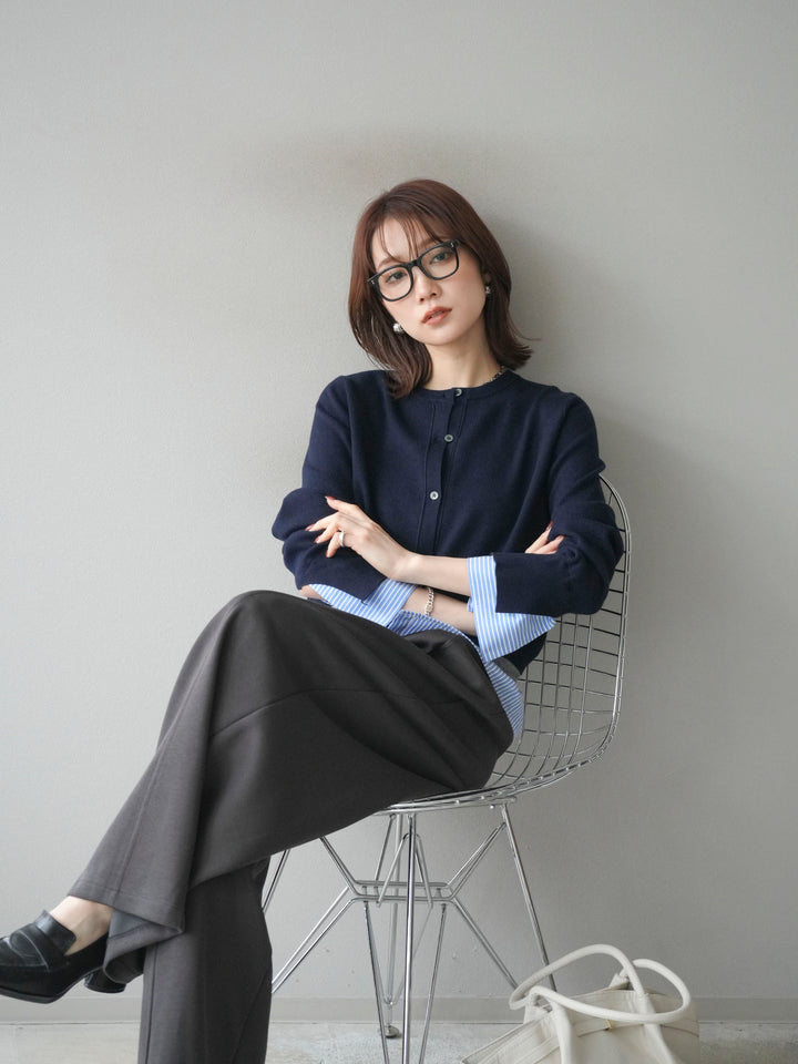 [SET]シャツ襟レイヤードニットカーディガン+ベルト付スウェットワイドパンツ(2set)