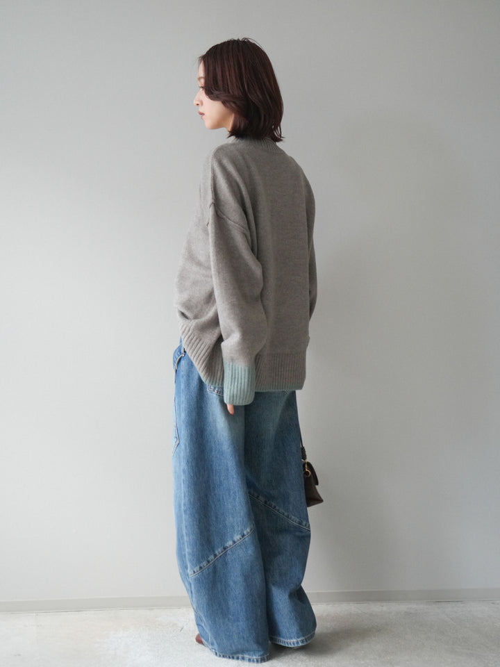 [SET]配色ハイネックニットプルオーバー+ペインターカーブデニムパンツ(2set)