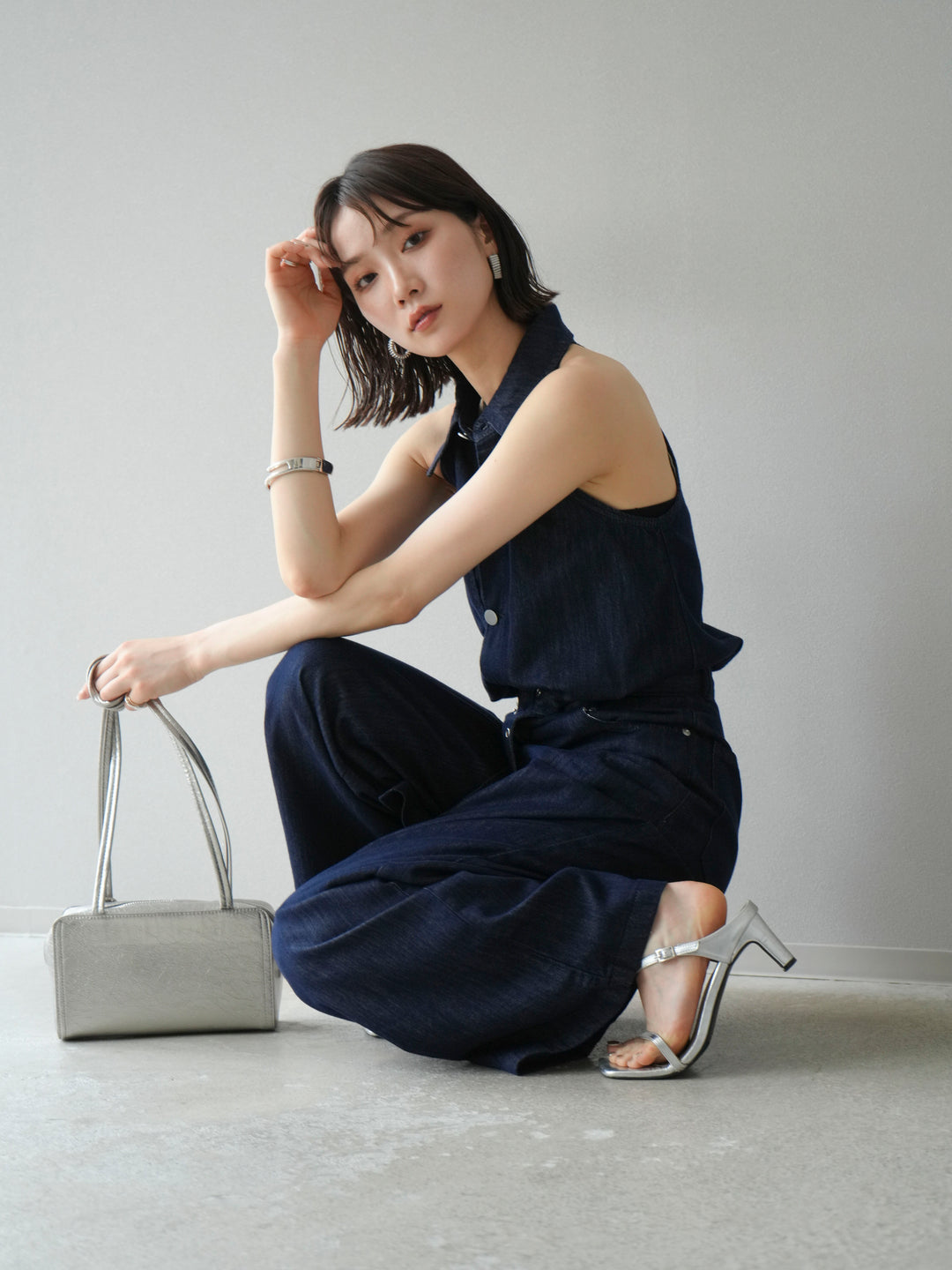 【預購】翻領牛仔連身衣/深藍色