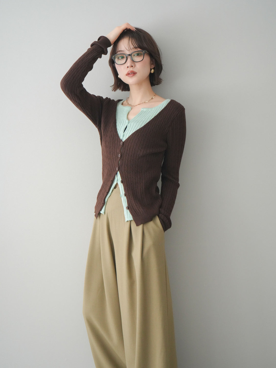 [予約]バイカラーレイヤードニットカーディガン/brown