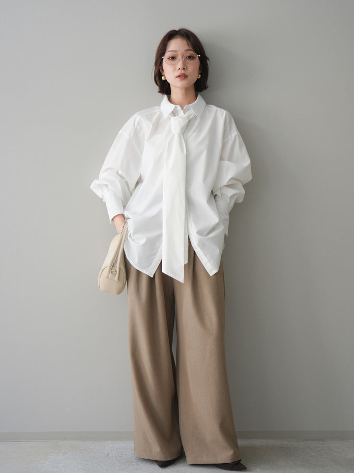 [予約]サテンベルトタックワイドパンツ/beige