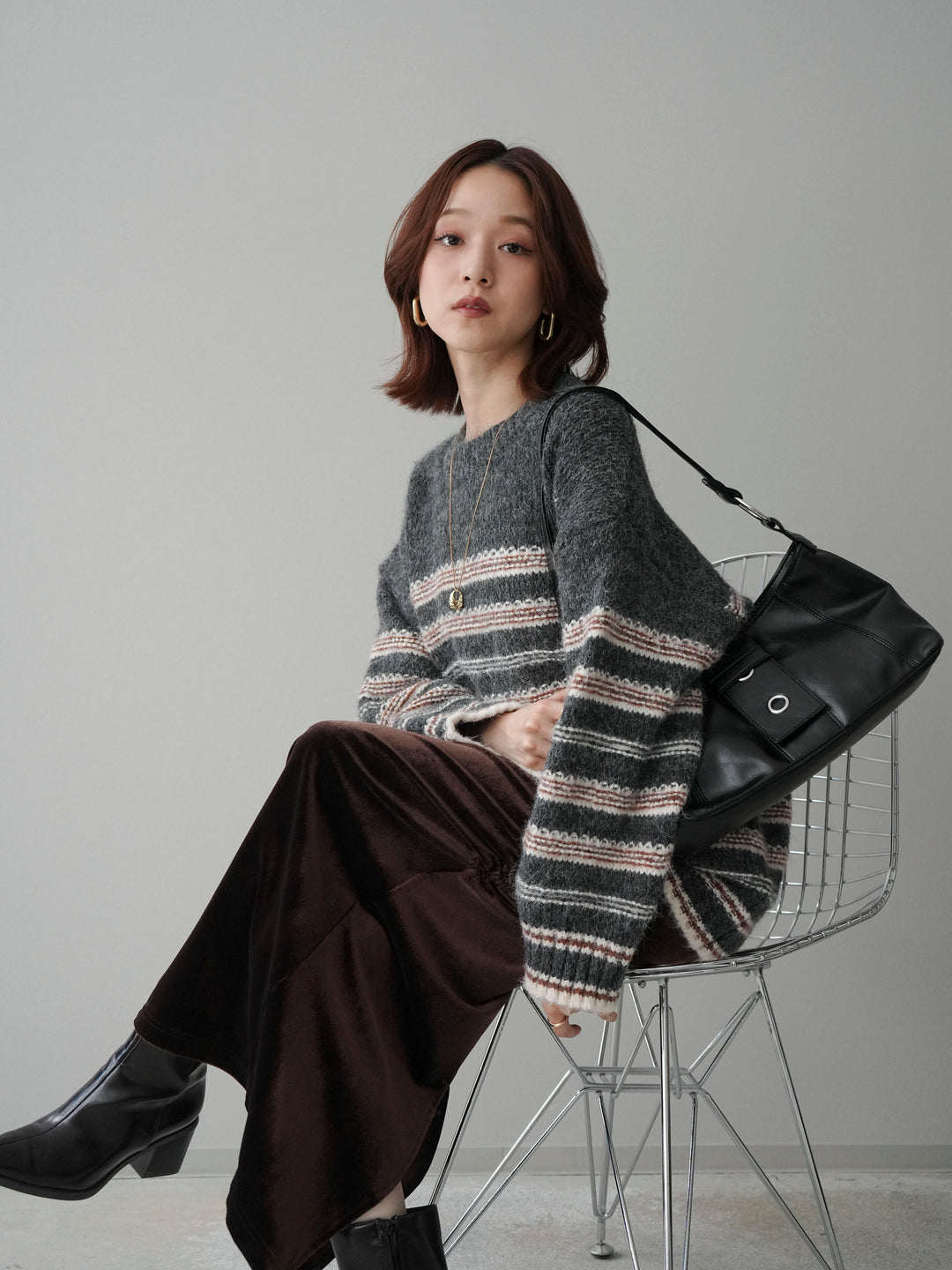 [SET]ステッチボーダーニットプルオーバー+ギャザーベロアスカート(2set)