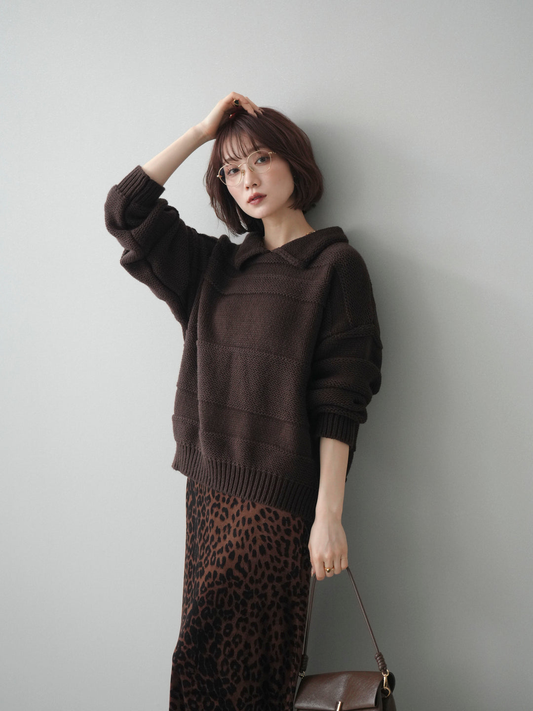 [予約]襟付きボーダー編みニットプルオーバー/brown