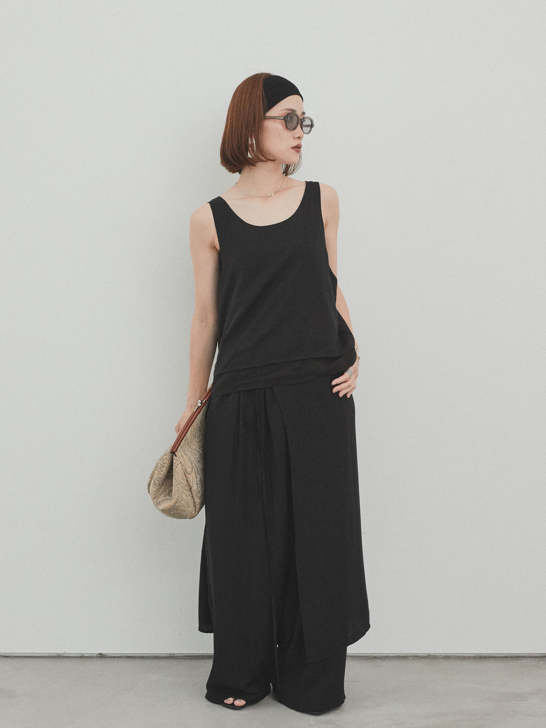 [SET] 洗衣機緞面透明層疊背心 + 洗衣機緞層疊裙褲 (2set)