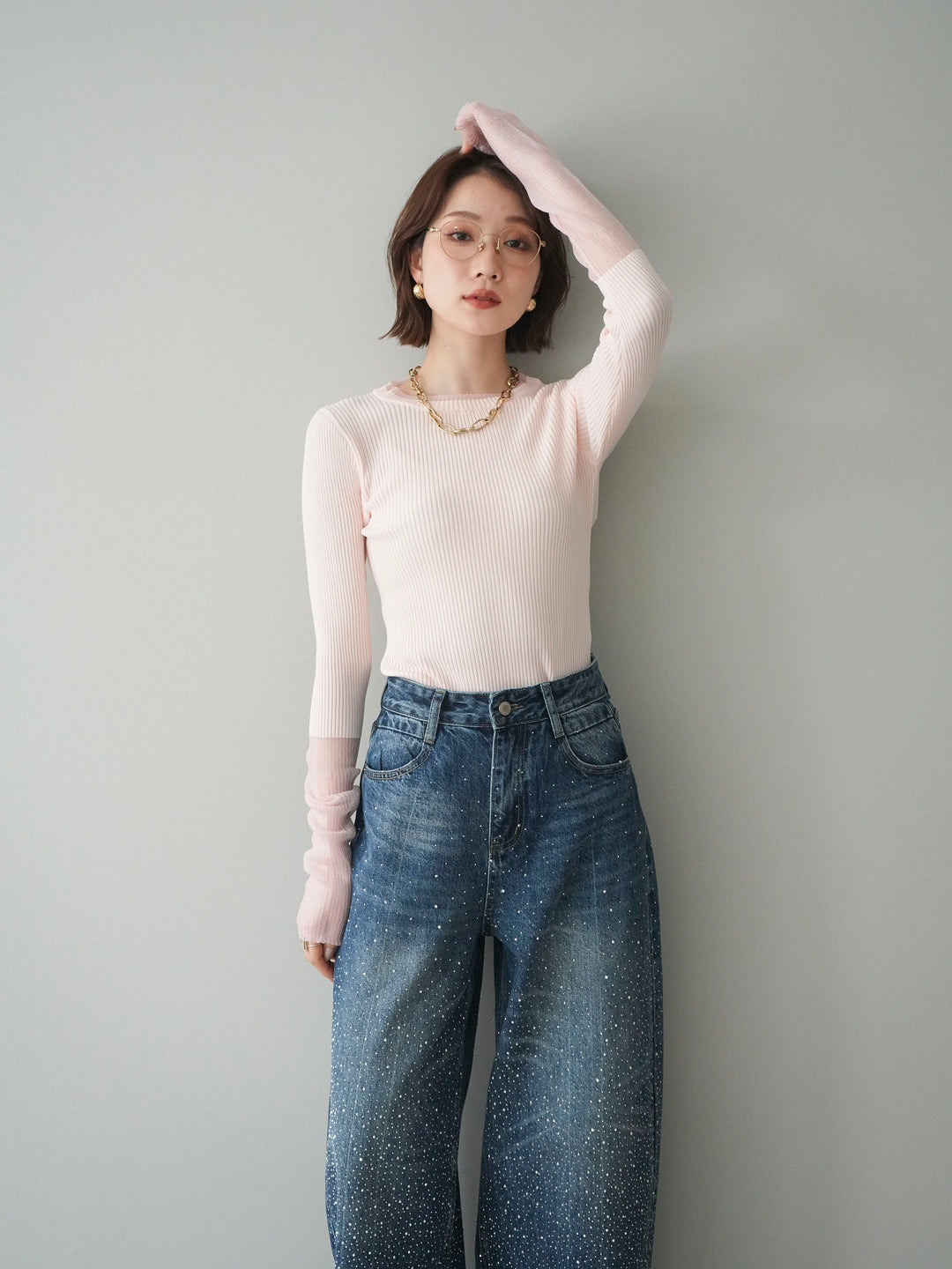 [予約]リブラメシアー切替リブニットトップス/pink