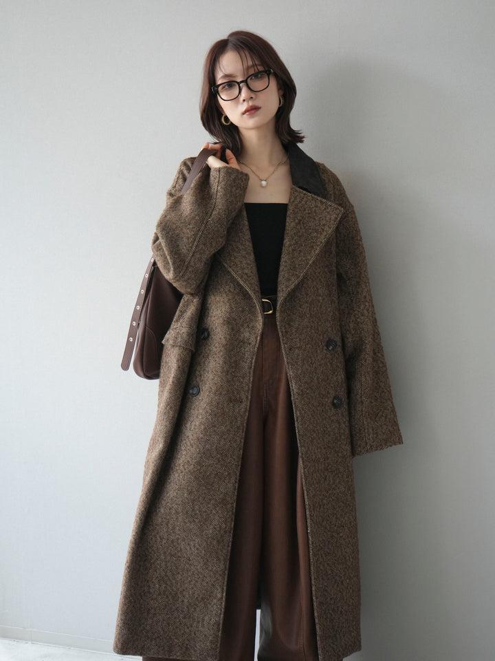 [予約]ネップヘリンボーンレザー襟チェスターコート/brown