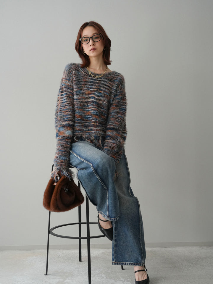 [SET]裾フリンジミックスヤーンシャギープルオーバー+サイド切替カーブデニムパンツ(2set)