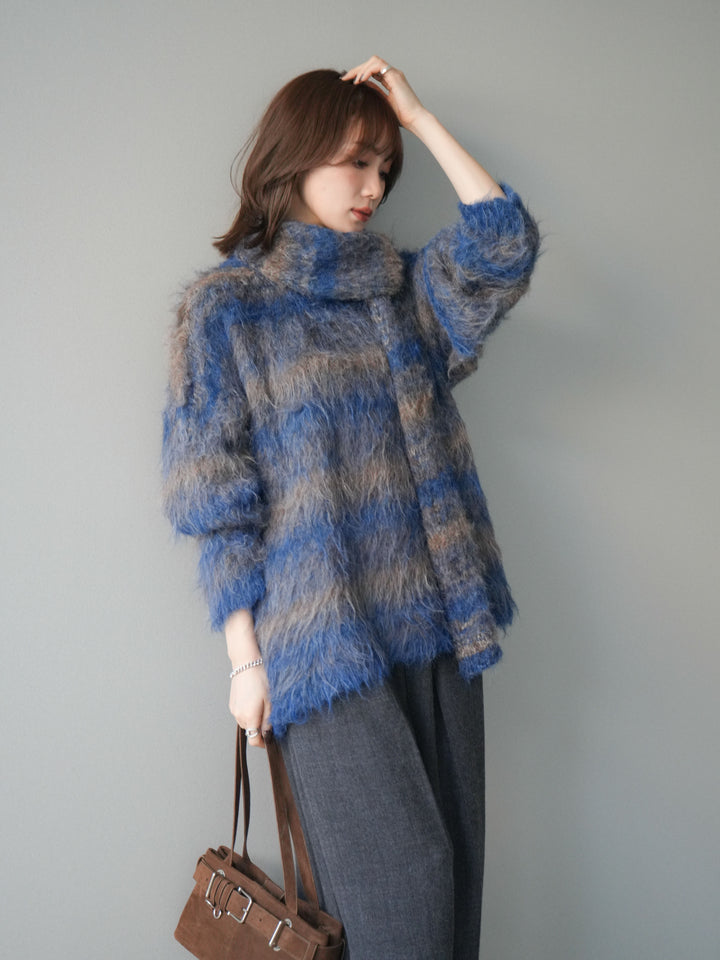 [予約]ストール付シャギーマルチボーダーニットプルオーバー/blue