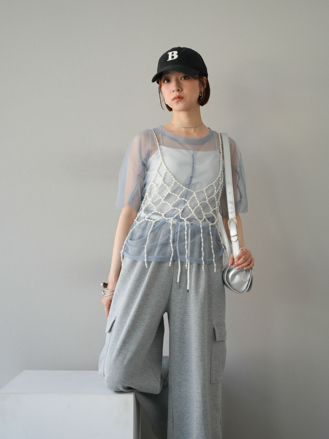 [SET]ラメチュールシャーリングプルオーバー+パールフリンジビスチェ+ウエストラインサイドポケットスウェットパンツ(3set)