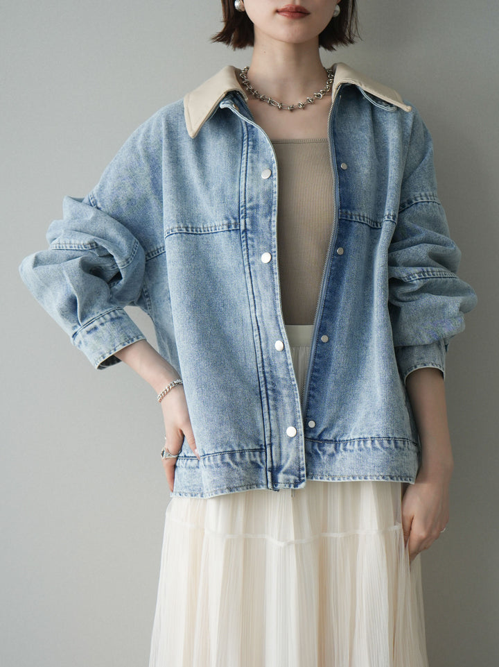 [SET]配色襟レザーデニムブルゾン+ラメプリーツレイヤードチュールロングスカート(2set)