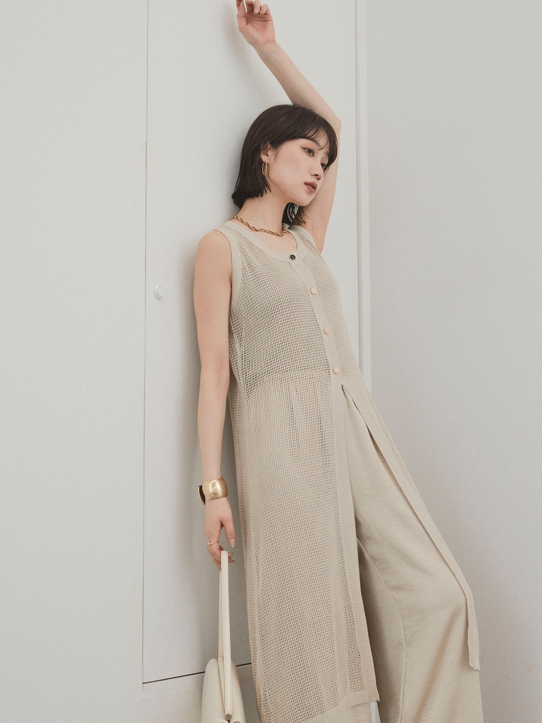 [SET]アソートボタンニットロングジレ+サテンイージーパンツ(2set)