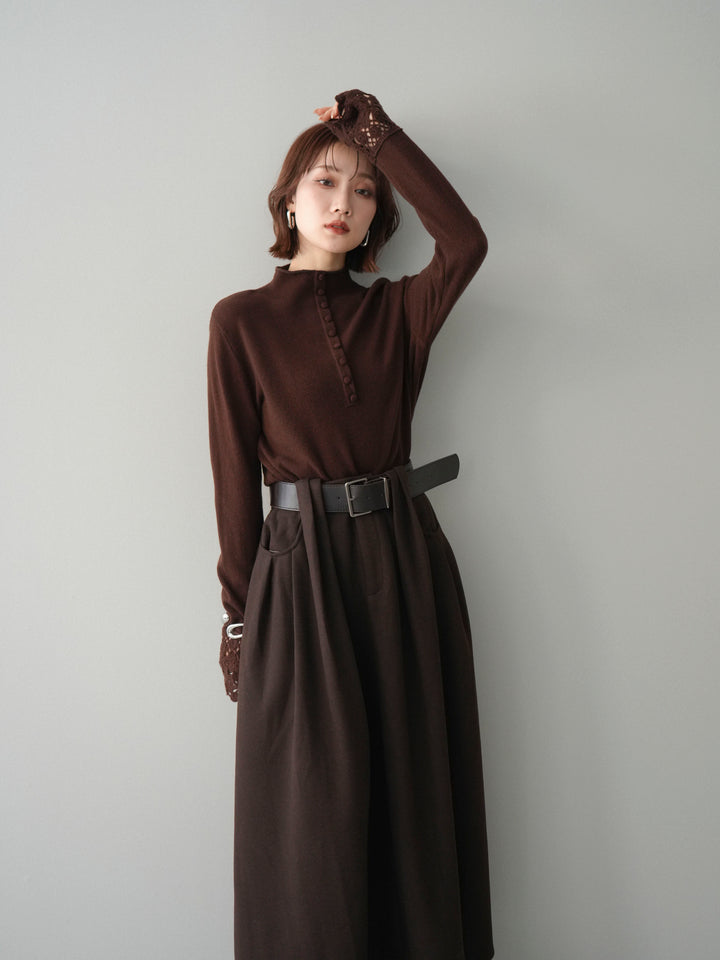 [予約]袖スカラップレースフロントボタンウールニットトップス/brown