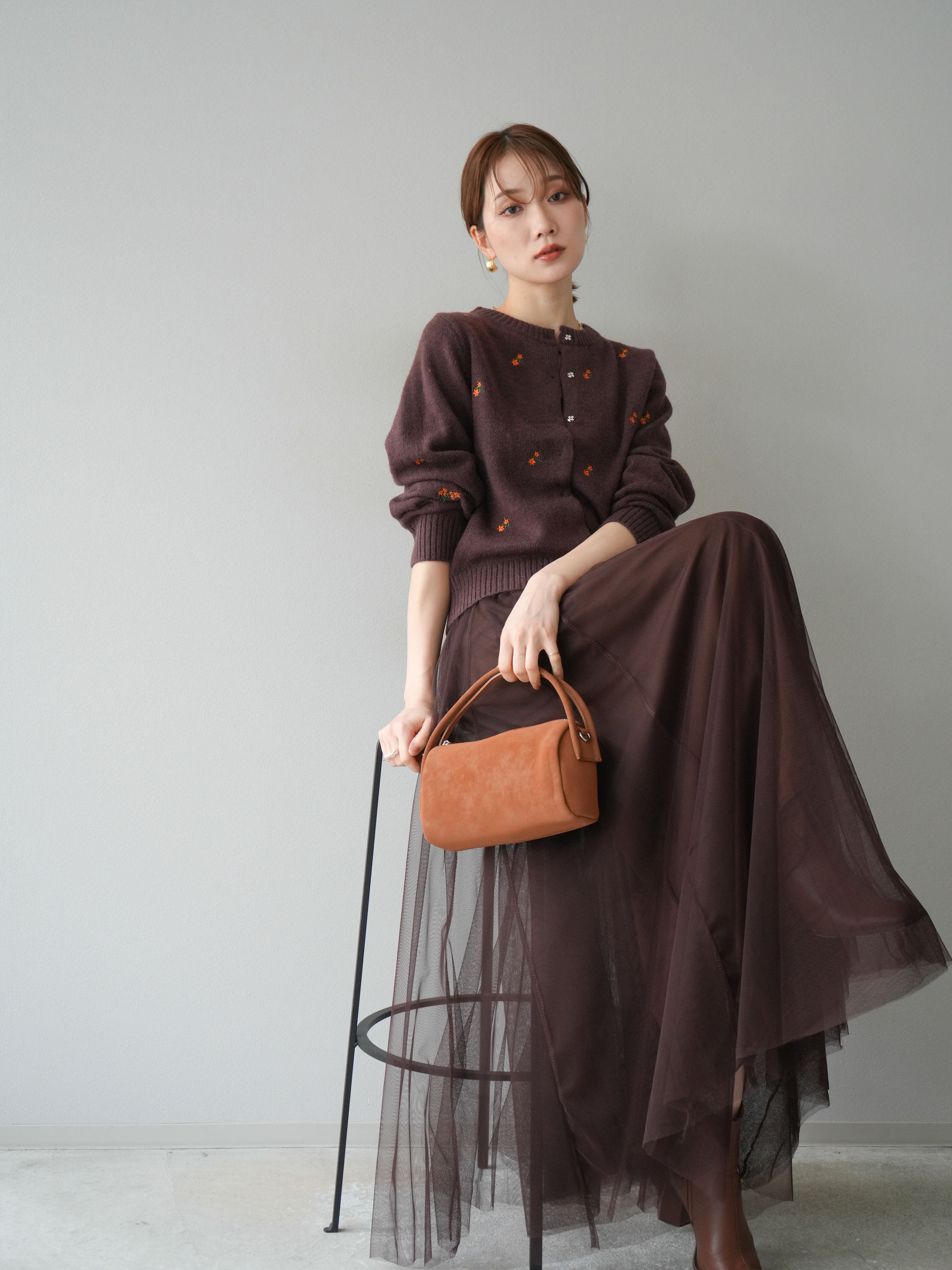 SET]フラワー刺繍ニットカーディガン+チュールボリュームスカート(2set