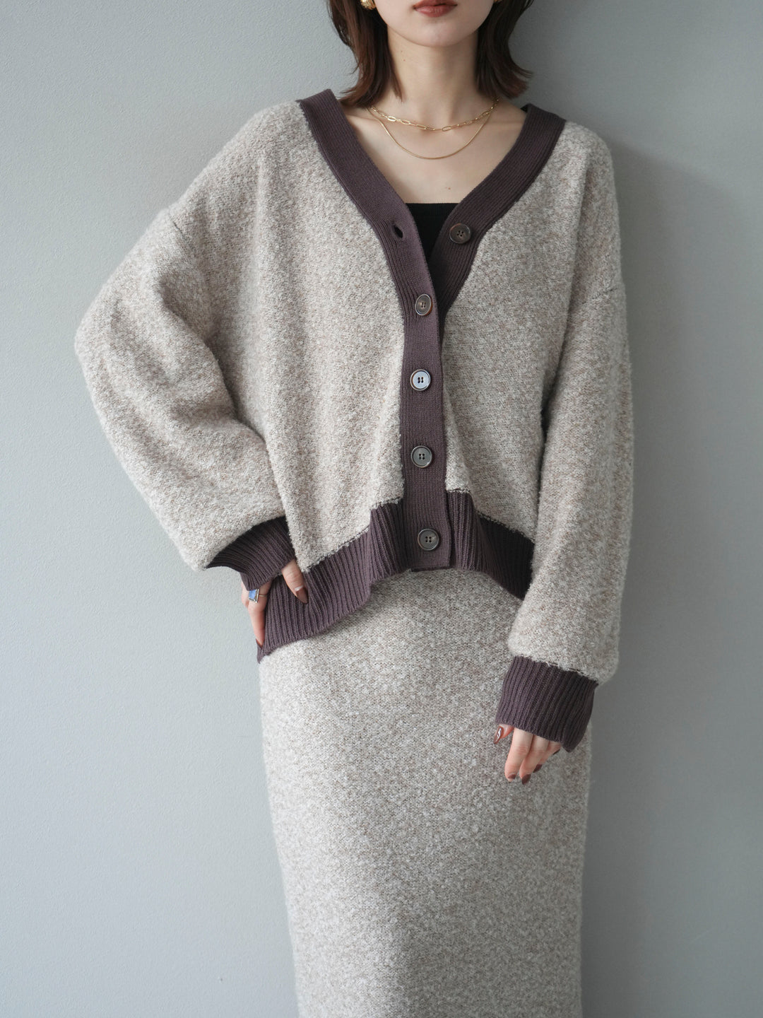[予約]ブークレバイカラーニットカーディガン/beige