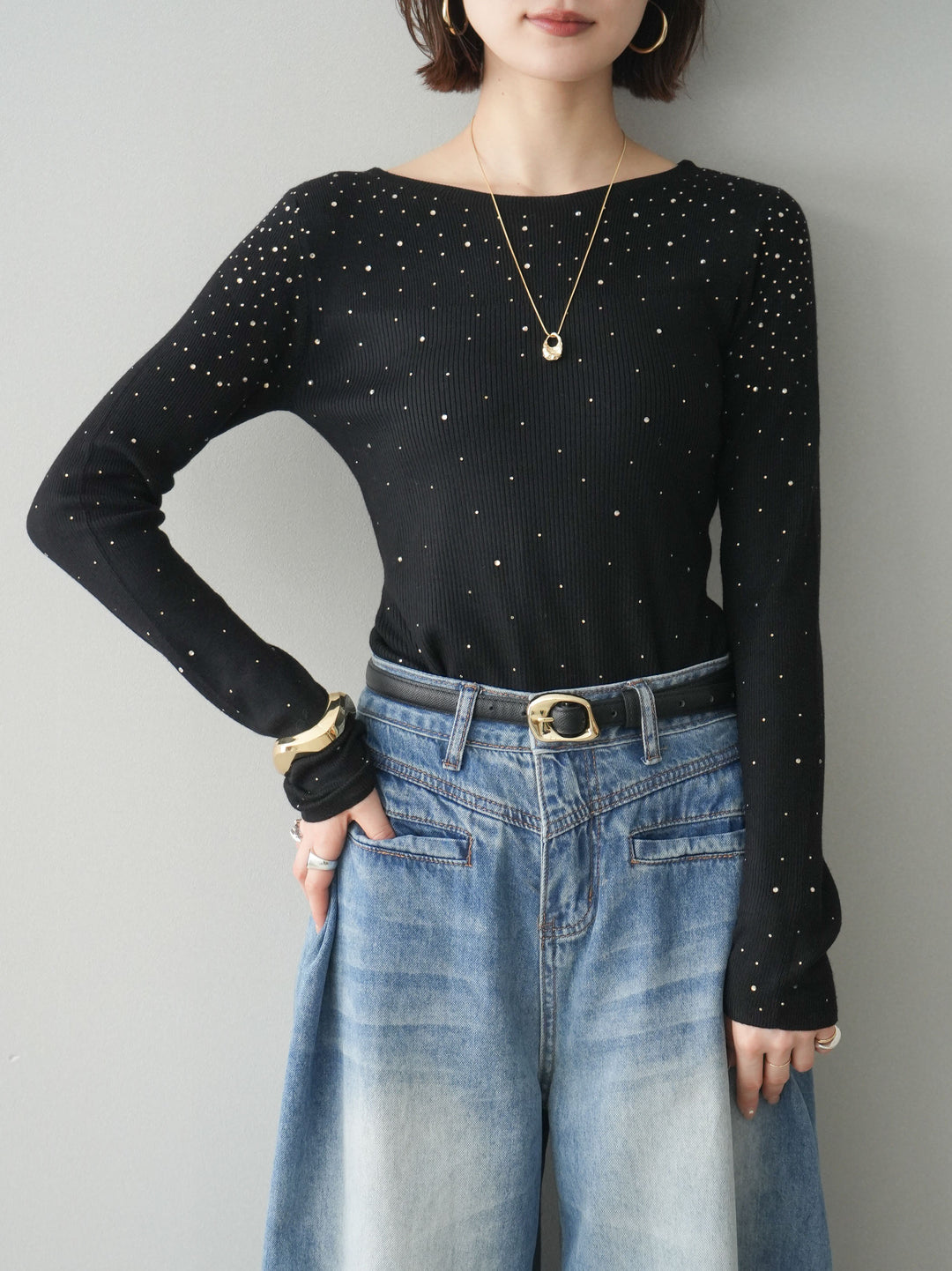 [SET]スパンコールシアーニットトップス+スパンコールシアーニットトップス(2set)