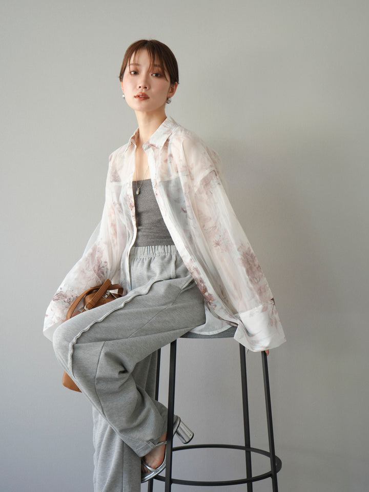 [予約]チュールドッキングフラワー柄オーバーサイズシャツ/オフ