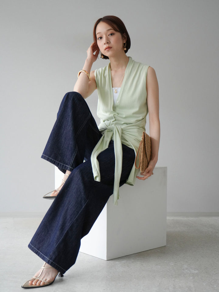 [SET]腰巻きデザインノースリーブニットカーディガン+ヒップデザインデニムパンツ(2set)