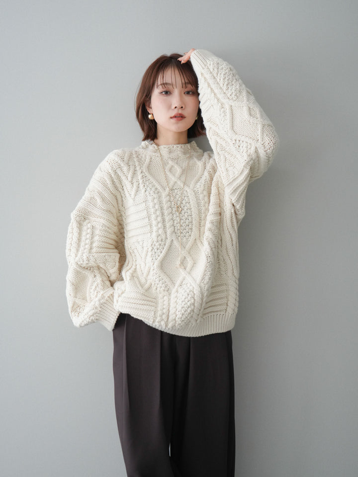 [SET]ケーブル編みモックネックニットプルオーバー+ベルトループデザインワイドパンツ(2set)